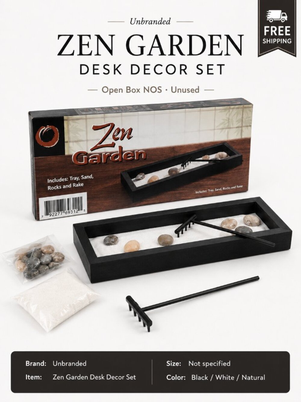 Unbranded Y2K Zen Garden Desk Decor Set Open Box NOS Black Tray Sand Rocks Rake